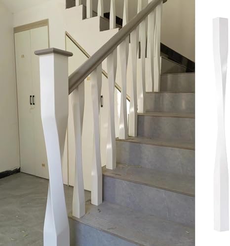 Stylish White Wooden Stair Balusters - 5 PCS Indoor Twisted Railing Spindles, Decorative Square Column Banister Posts for Elegant Staircase Design