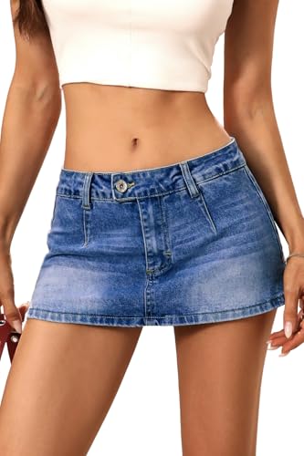 ELLEVEN Low Rise Denim Mini Skirt for Women, High Stretch Jean Skirt with Shorts Underneath Y2k Micro Skort