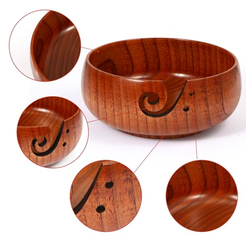 Image of Wooden Yarn Bowl, 8 inch x 3 inch Knitting Tool with Holes, Handmade Rounded Edge for Crocheting, Storage Holder for DIY Sewing Supplies