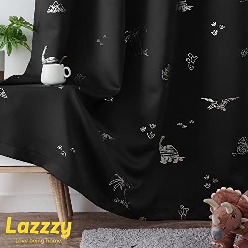 Lazzzy Dinosaur Black Blackout Curtains Thermal Insulated Curtains For Baby Teen Boys Room Kids Bedroom Silver Foil Cartoon Dino Print Grommet Nursery Curtains 63 Inch Length 2 Panels Set Black #TOP5