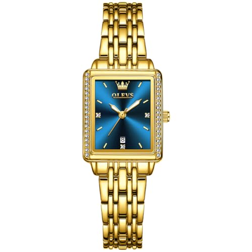 OLEVS Watches Women Luxury Classic Blue Diamond Square Watches for Women Gold Stainless Steel Analog Quartz Women's Wrist Watch Small Face Luminous Waterproof with Date Dress Ladies Watch