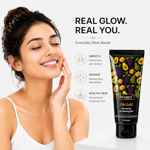 Image of KARROT Anti-Dullness 24K Gold Face Scrub for Glowing Skin | Instant Skin Brightening Deep Cleansing Exfoliator for Tan Removal, Blackheads & Dead Skin | Smooth Radiant Skin for Men & Women - 100g