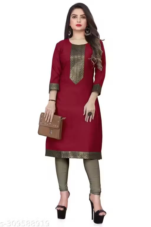 Image of Women Straight Woven Design Cotton Blend Round Neck 3 /4 Sleeve Kurti Only