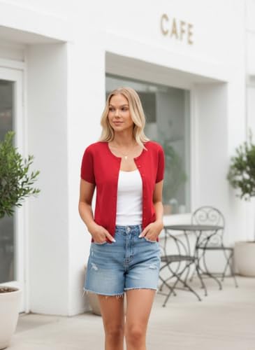 Image of GRACE KARIN Women Short Sleeve Cardigan, 2026 Summer Knitted Sweater Tops, Basic Crew Neck Crop Outfits