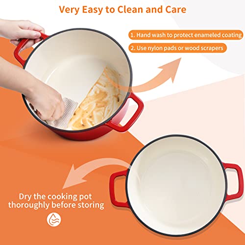 Foto von Velaze Gusseisen Topf 5L, Gusseisen Bräter Ø 25 cm, Induktion Schmortopf, Bratentopf mit Deckel und Griffen, Emaillierte Beschichtung, Einfache Reinigung, Für alle Herdarten geeignet, Rot