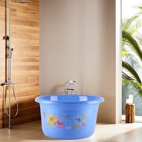 Image of Kuber Industries Pack of 3 Plastic Tub | Bath Tub of Bathing & Washing | Tub for Bathroom | Bathtub for Baby | Flower Print Water Tub | 25 LTR | Blue