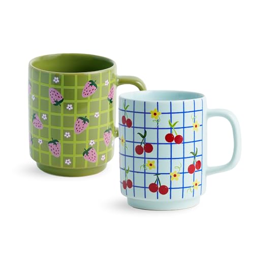 Image of Shay Ceramic Mug, 2 Pc, Strawberry & Cherry, 300ml | Glossy Finish | Ceramic Coffee Cup | Porcelain | Microwave Safe (Rise Mug - 2Pc - Strawberry & Cherry)