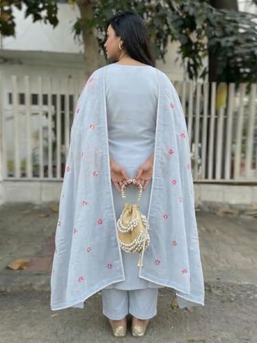 Image of GoSriKi Kurta Sets for Women Viscose Embroidered | Kurta Pant Dupatta Set | Straight Kurti Set for Women | Round Neck 3 /4 Sleeve Ethnic Suit | Designer Indian Kurti Outfit with Pants
