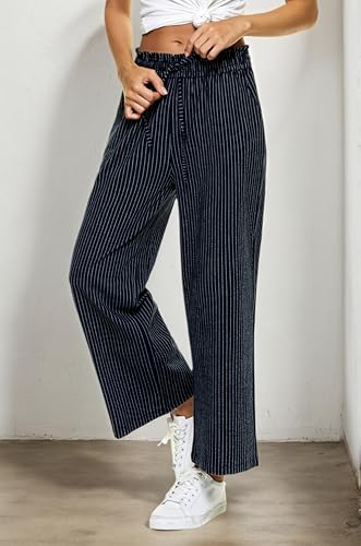 Image of LNX Womens Linen Capri Pants Wide Leg High Waisted Drawstring Casual Cropped Pants with Pockets