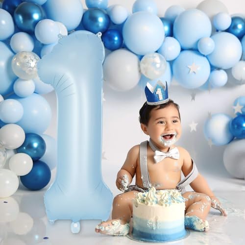Image of Light Blue Number 1 Balloon, 40 Inch Big Large Foil Number Balloons, Giant Mylar Number 1 Balloons for 1st First Birthday Baby Party Decorations Supplies Anniversary