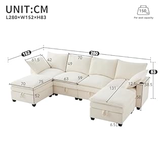 Yihomfy Canapé d’Angle Modulable en L/U 280 cm, 6 Places avec Repose-Pieds Amovible, Rangement, Porte-gobelet,Canapé Profond pour Salon, Meuble de Salon Moderne,canapé Convertible,Beige