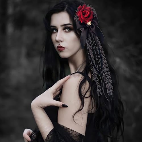 Pinza para cabello con lazo y perlas roja estilo gótico miniatura 4