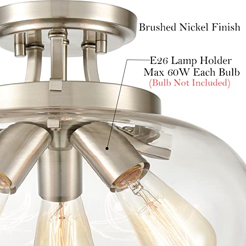 Teenyo Brushed Nickel Semi Flush Mount Ceiling Light 3-Light Modern Ceiling Light Fixture With Clear Glass Shade For Hallway Bedroom Foyer Living Room #TOP2