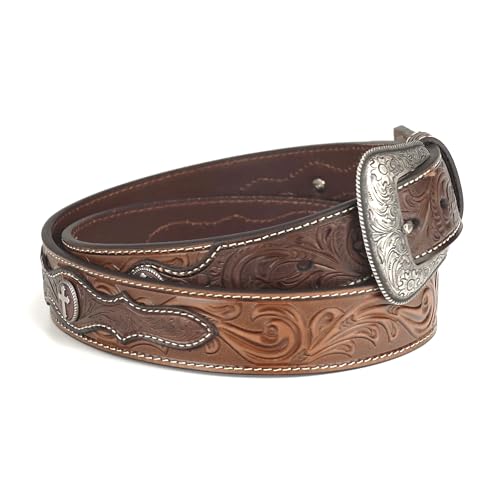 ARIAT Men's Floral Tooled Round Cross Concho Leather Belt3