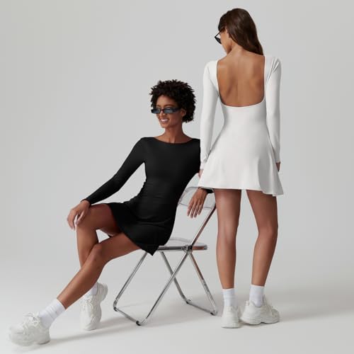 QINSEN Vestido feminino de tênis aberto nas costas, manga comprida, shorts embutidos, para golfe, ve