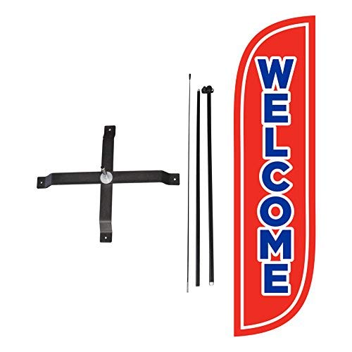 Image of LookOurWay Feather Flag Set - 5ft Tall Advertising Banner Flag with Pole Kit and X-Stand for Business Promotion - Welcome Red /Blue