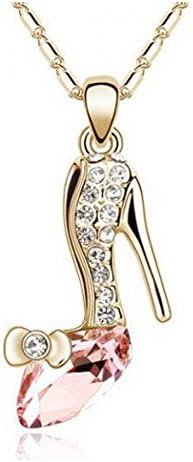 New Crystal Cinderella Charm Magic Crystal Diamond High Heel Shoes Glass Slipper Princess Pendant  Necklace (Gold Peach Red)