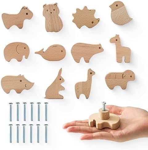 OESSUF 12 Stk Schrankknöpfe Holz fur Kinderzimmer, Möbelknöpfe Schubladenknopf in verschiedenen Tierformen mit Schrauben, Holzgriffe für Schränke Türknöpfe für Kinder