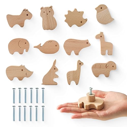 OESSUF Lot de 12 boutons d'armoire en bois pour chambre d'enfant, Poignée de meuble en forme d'animal pour chambre d'enfant, Poignée d'armoire en bois de couleur bûche pour enfants