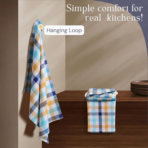 Image of Check Dish Towels 4 Pack, 18 inchx26 inch, Absorbent Hand Towels for Kitchen Use, Quick Dry Cloths, Durable Washable Rags, Reusable Dishcloth Set - Indigo Blue, Mustard Yellow, Aqua Blue