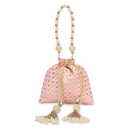 Image of LONGING TO BUY Indian Embroidered Pearl Potli Bag For Women, Sequence Design with Tassel, Wedding Potli Bags
