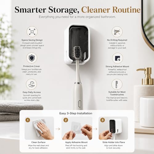Image of Signamio 4 Pcs Set of Tooth Brush Holder Bathroom, Self Adhesive Toothbrush Holder Wall Mount, Bathroom Organizer & Brush Holder for Bathroom, Toothbrush Holders for Bathroom Wall, Toothbrush Stand