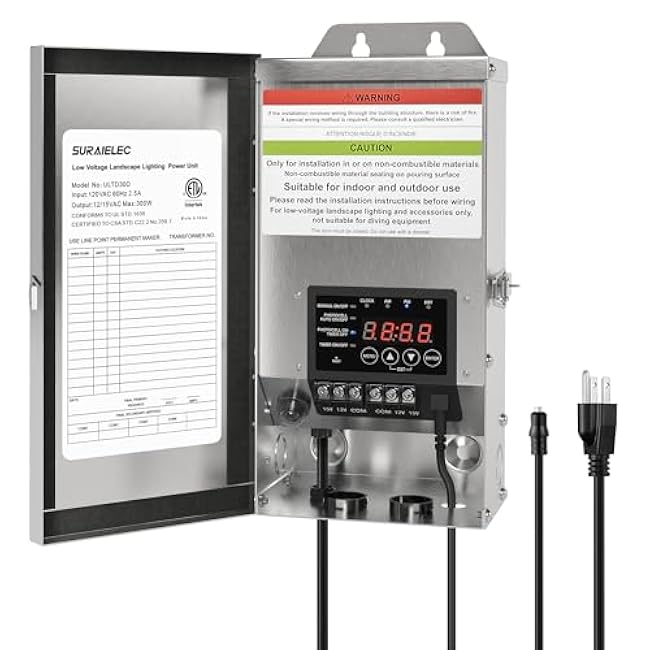 SURAIELEC 300W Landscape Transformer (12V/15V AC), Outdoor Low Voltage Transformers for Landscape Lighting, Detachable Photocell Sensor & Digital Timer, Stainless Steel, ETL Listed