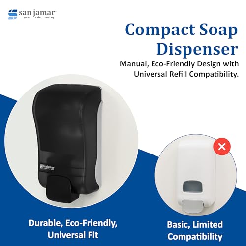 Image of San Jamar Manual Soap Dispenser - 1300 mL Capacity Liquid Dispenser for Bulk Foaming Soaps, Wall Mount, Refillable with Transparent Reservoir Easy Push Bar for Commercial or Office Use, Black Pearl