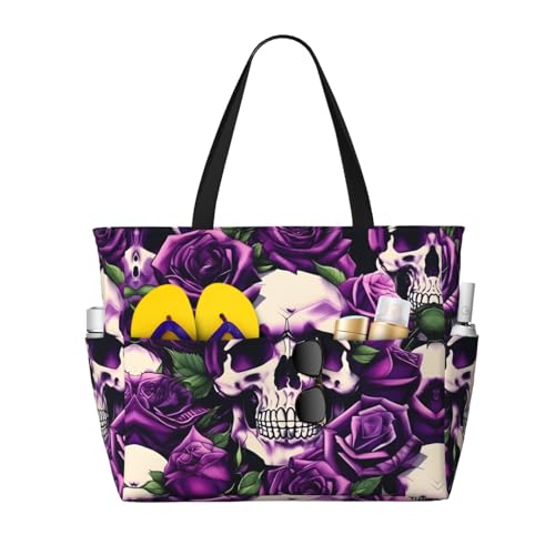 Many Purple Rose Skull Large Beach Tote Bag Women Beach Tote Bag For Pool Gym Grocery Travel With Multiple Pocket