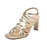 AIJIVOU Women's Gladiator Heeled Sandals Summer Dressy Strappy Square Open Toe Chunky High Heels with Ankle Strap, Sexy Fashion Comfort Shoes for Party Casual Sandals (gold, 9.5 M US)