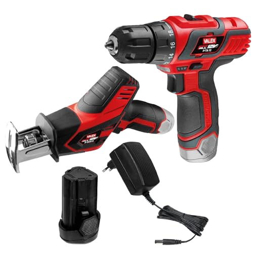 Valex Kit Trapano + Sega a Gattuccio a batteria al litio 12V, confezione 2 prodotti per il fai da te con utensili cordless, batteria e caricabatterie Gamma OneAll 12V, 2Ah