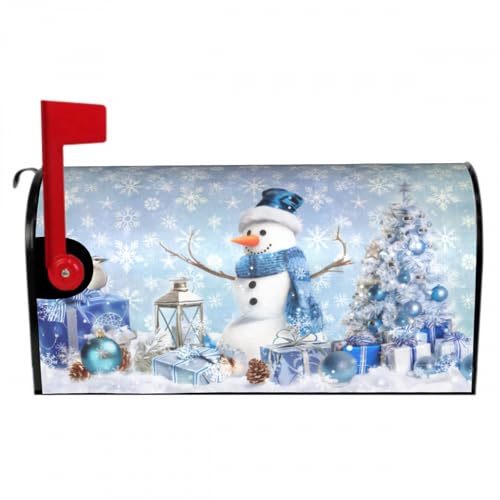 Image of Winter Snowman Mailbox Cover Magnetic 25.5 inchx21 inch Oversize Blue Christmas Tree Balls Xmas Snowflakes Mailbox Wrap Post Cover Decor for Yard Garden Home Outdoor Holiday New Year