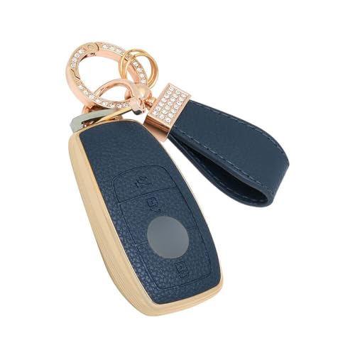 Image of keyzone Litchi Leather Textured TPU Key Cover & Keychain for E-Class, S-Class, A-Class, C-Class, G-Class 2020 Onwards Smart Key (Blue)