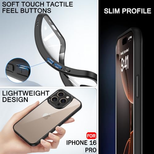 Image of TheGiftKart Ultra-Hybrid Shockproof Sleek Armor Back Cover Case for iPhone 16 Pro | 360 Protection | Crystal Clear Hard Back Case for iPhone 16 Pro (PC & TPU, Transparent Clear Back, Black Sides)