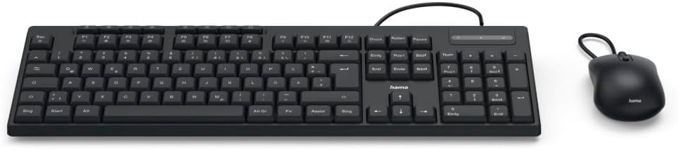 Hama Keyboard Mouse Set CKM-200 USB Keyboard, USB Mouse, Ergonomic Typing Feel, Quiet Keys, Removable Cable, German QWERTZ Layout, Mouse with DPI Switch, Multimedia Keys Black