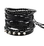 AFIKJHONS Spiked Wood Bead Braided Black Leather Cuff Bracelet for Men Punk Rock Adjustable 4-Piece Set