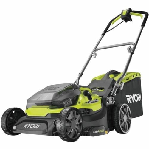 Tondeuse Hybride RYOBI 18V One+ avec Coupe de 37 cm, 2 Batteries 5.0 Ah, Chargeur Rapide, bac de 45 L, réglage de Hauteur de Coupe 2 à 7 cm, idéale pour 575...