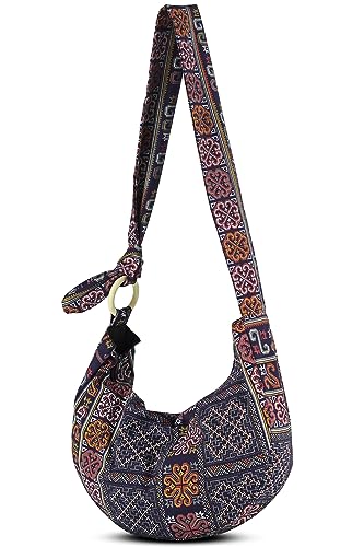 Image of Hobo Crossbody Bag for Women - Handmade Cotton Boho Purse with Wooden Ring | Lightweight Slouchy Shoulder Sling Tote Bag