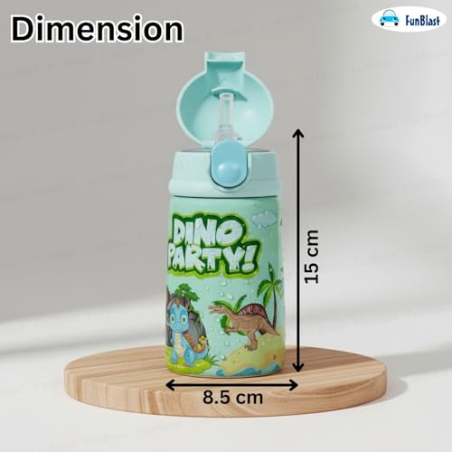 Image of FunBlast Dino Party Water Bottle with Straw for Kids - Insulated Stainless Steel Bottle, Anti-Leak, Cute Design, 300 ML Capacity, BPA Free