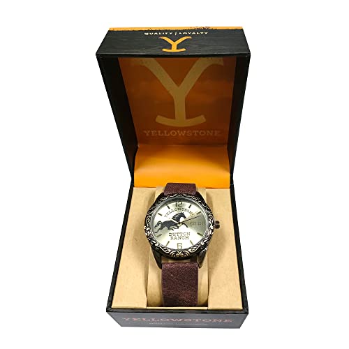 Yellowstone Analog Watch for Men – Antique Gold Alloy Case with Western Engraving – Distressed PU Leather Strap – Sunray Dial with Ranch Horse Artwork – Quartz Movement – Fits Wrists 5.5" to 8" - Image 4