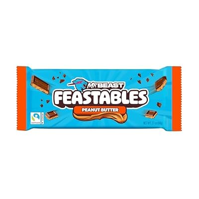 MrBeast Feastables Peanut Butter Milk Chocolate Bar, King Size, 10 Count, Creamy Peanut Butter Chocolate Candy, Fairtrade Cocoa, 2.1oz Each