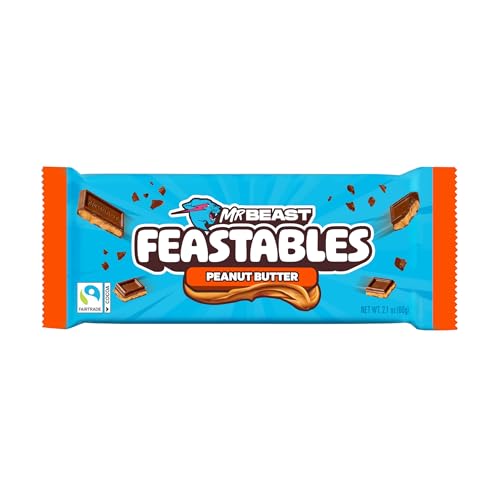 Feastables MrBeast Peanut Butter Milk Chocolate Chocolate Bar, King Size Candy Bar for Adults & Kids, Candy Bars for Snacks, Gifts, & Dessert, Sweet & Creamy Fairtrade Cocoa, 2.1 Oz Each, 10 Count