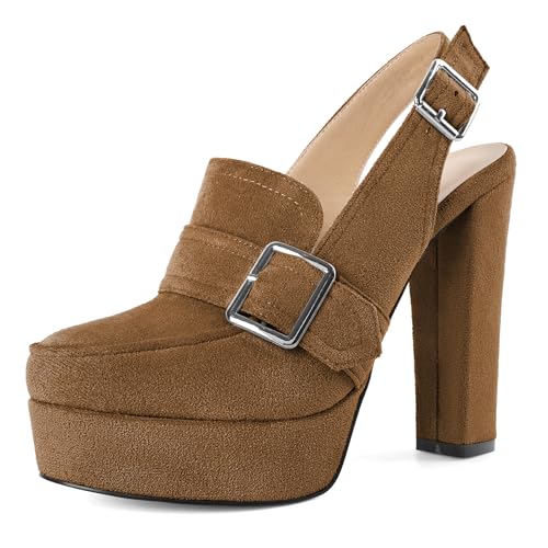 Image of Women's High Heel Loafers Platform Pumps Round Toe Heels Chunky Heel Pumps Stylish Comfortable 4.8 Inch Slingback Heels