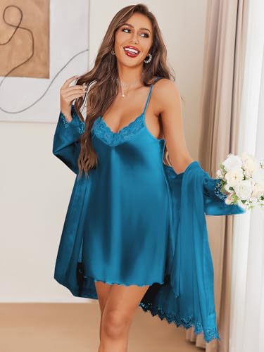 Image of Ekouaer Lingerie for Women 2 Pack Silk Nightgowns Babydoll Negligee Sexy Slip Nighty Satin Chemise Teddy Sleepwear