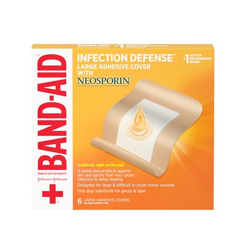 Band-Aid Brand Infection Defense Adhesive Wound Covers with Neosporin Antibiotic Ointment On The Pad for First Aid Wound Care Bacitracin Zinc & Polymyxin B Sulfate Sterile Large 6 ct