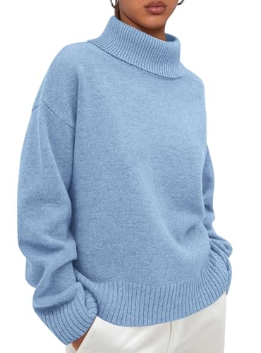 PRETTYGARDEN Womens Turtleneck Long Sleeve Sweater 2025 Fall Trendy Loose Fit Casual Tops Chunky Knit Pullover Sweaters (Light Blue,Medium)