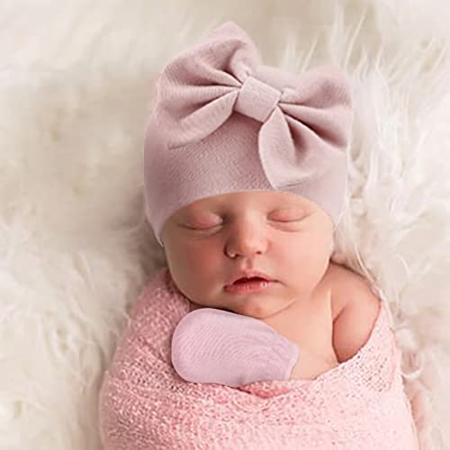 BQUBO Newborn Baby Girls Hats Mittens Set Hospital Hat Beanie Infant Bow Hats Baby Cotton Gloves for 0-6 Months3