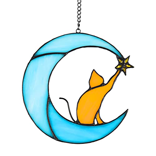Zedesey Stained Glass Cat on Moon Pick Star Window Hanging Suncatchers Memorial Gift Decor for Women (Orange Cat on Blue Moon)