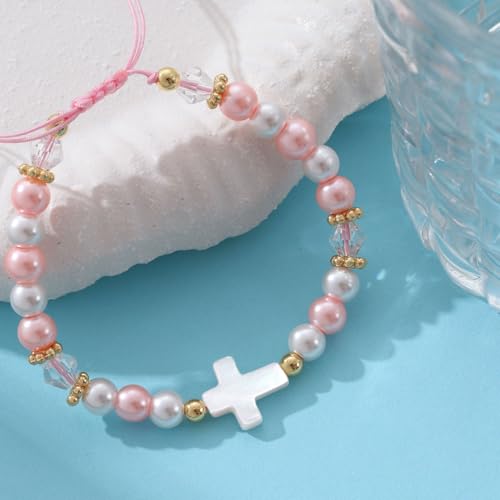 First Communion Gifts for Girls, 1st First Holy Communion Bracelet Gift Favors for Girls, Baptism Confirmation Gifts for Teen Girl, Pearl Cross Bracelet for Girl, Religious Gift for Christian Catholic-Pink