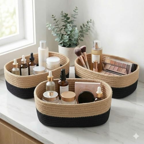 Image of 100% Natural Jute small box mini rope paper storage Round hamper baby nursery tray bucket for Living Kitchen, Office, Drawing Room,fruits, kitchen, office, Set of 3 (black and beige 3 set)